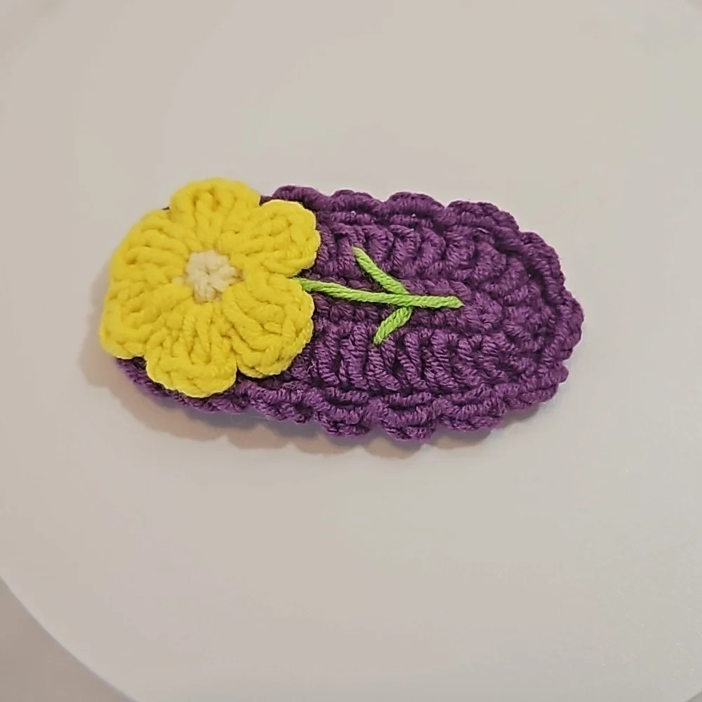 Hand Crafted crochet hair clip handmade  purple with yellow flower snap clip bow